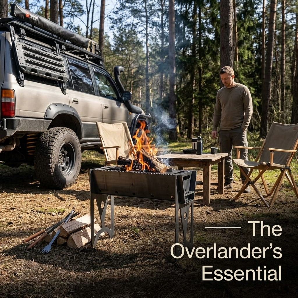 5.5mm Raw Steel Portable Grill Heavy Duty Fire Pit for Overlanding Truck Camping Backcountry BBQ