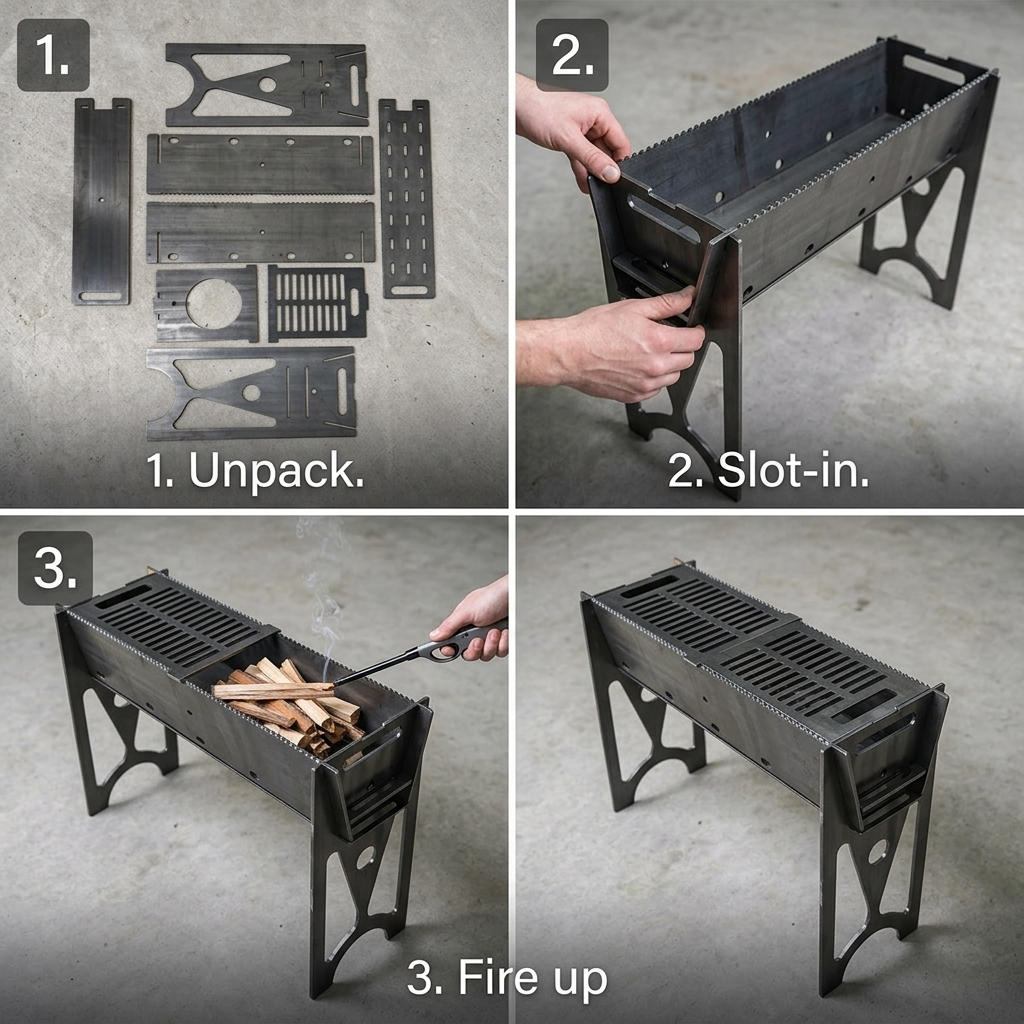 5.5mm Raw Steel Portable Grill Heavy Duty Fire Pit for Overlanding Truck Camping Backcountry BBQ