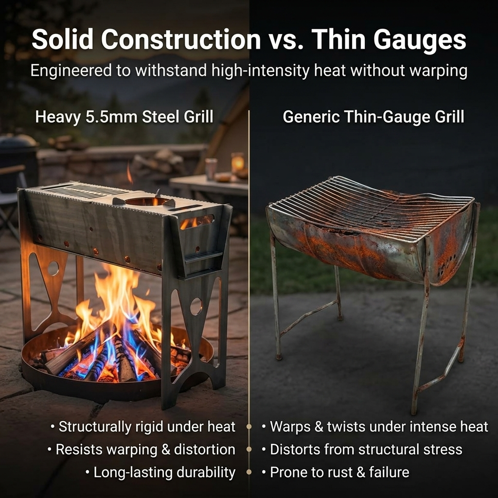 5.5mm Raw Steel Portable Grill Heavy Duty Fire Pit for Overlanding Truck Camping Backcountry BBQ