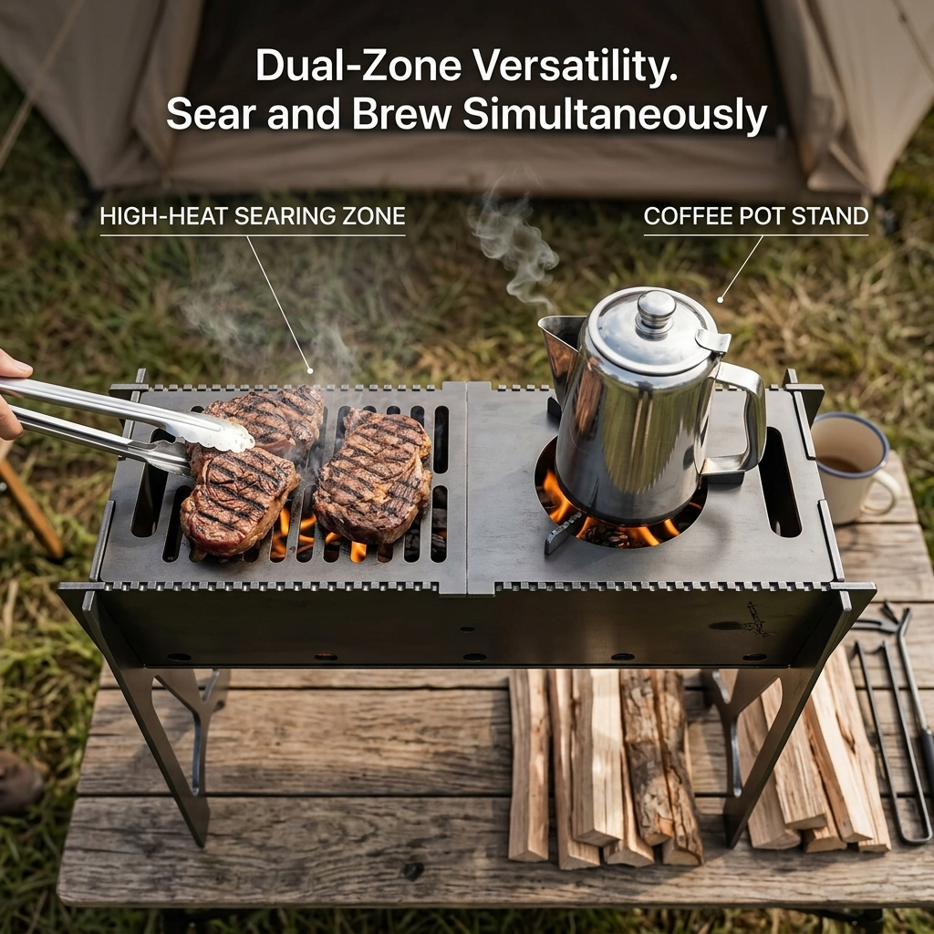 5.5mm Raw Steel Portable Grill Heavy Duty Fire Pit for Overlanding Truck Camping Backcountry BBQ