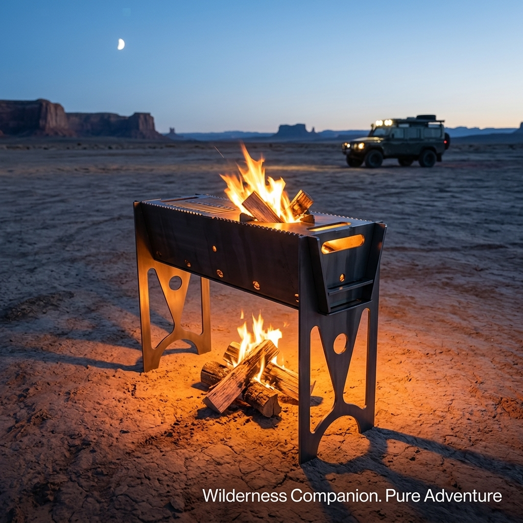 5.5mm Raw Steel Portable Grill Heavy Duty Fire Pit for Overlanding Truck Camping Backcountry BBQ