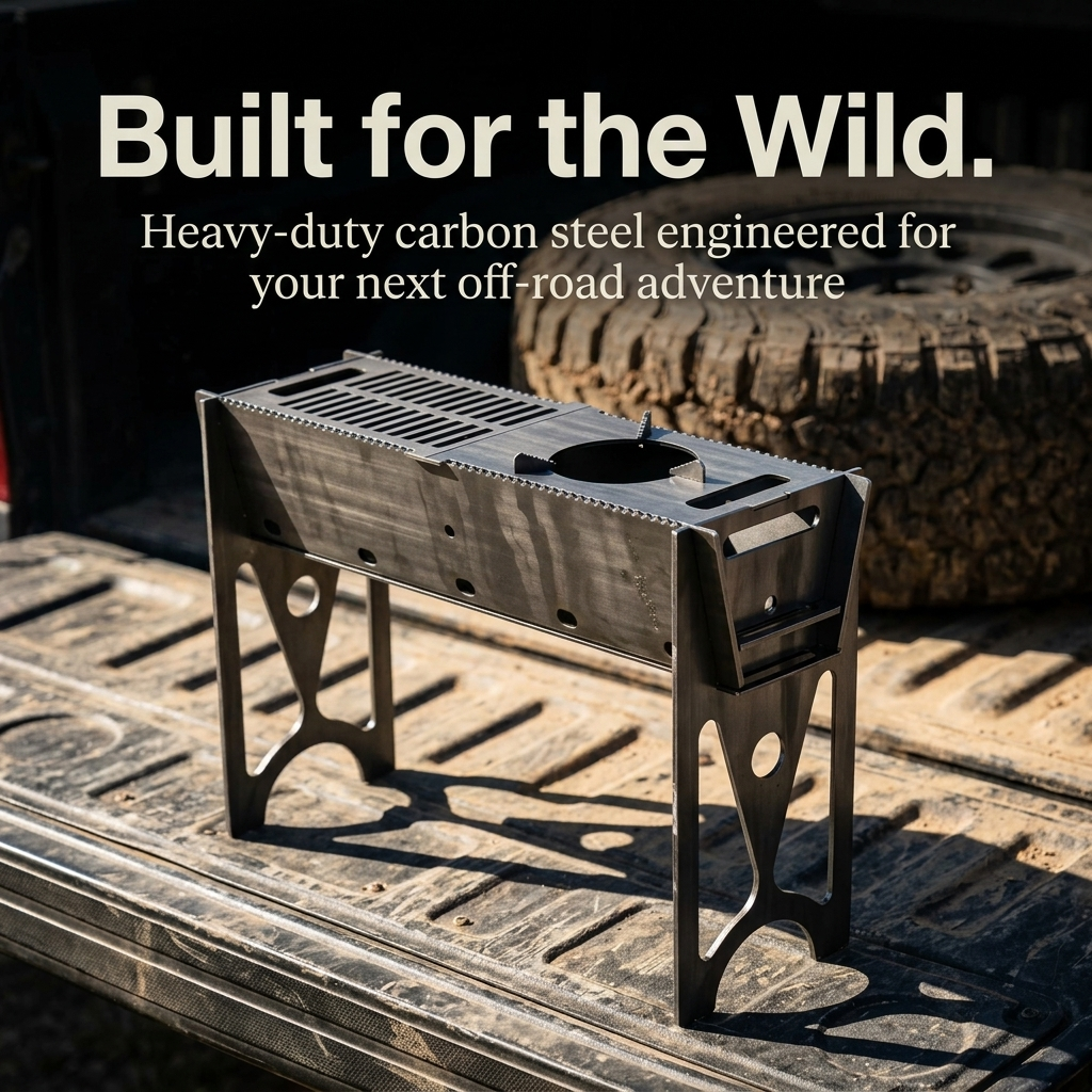 5.5mm Raw Steel Portable Grill Heavy Duty Fire Pit for Overlanding Truck Camping Backcountry BBQ